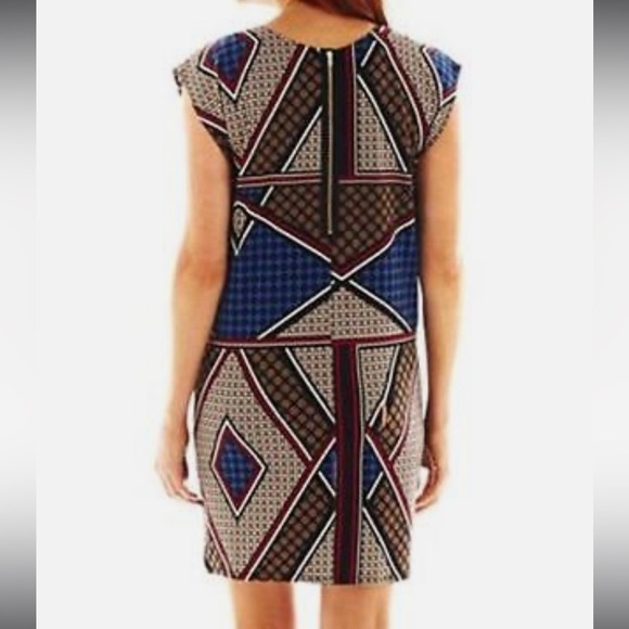 Worthington geometric print shift dress crossover front exposed zipper back M - Picture 9 of 10
